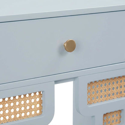 Blue Rattan Nightstand with Soft Close Drawer and Mdf Legs