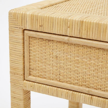 Rattan Nightstand with Mahogany Legs and Storage Compartments