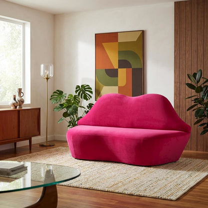 Hot Pink Velvet Loveseat With Sculpted Back, A Unique Lips Sofa Design
