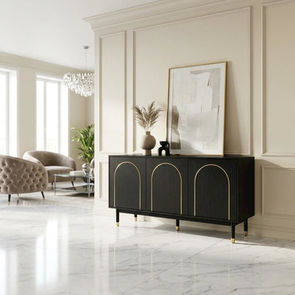 Acacia Wood Buffet Cabinet with Storage, Sideboard and Iron Legs, Black