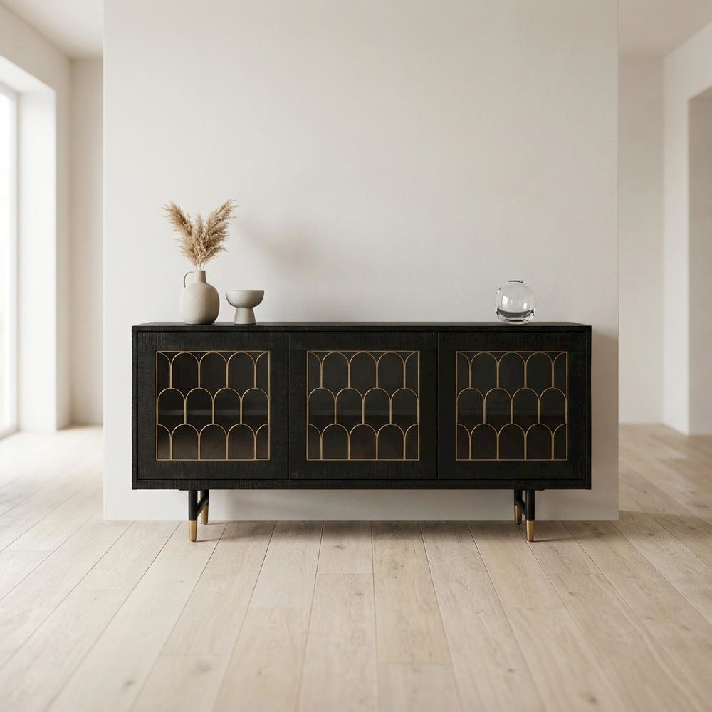 Acacia Wood Buffet Cabinet with Storage, Sideboard and Iron Legs, Black