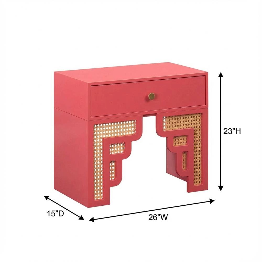 Pink Rattan Nightstand with Soft Close Drawer and Mdf Legs