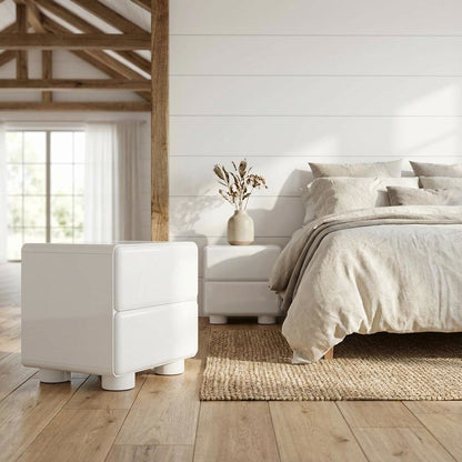 White Nightstand with Rubberwood Legs and Spacious Drawer Storage