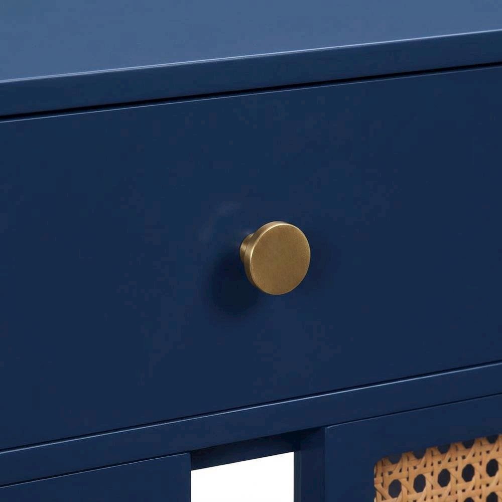 Navy & Rattan Nightstand with Soft-Close Drawers and Elegant Leg Design