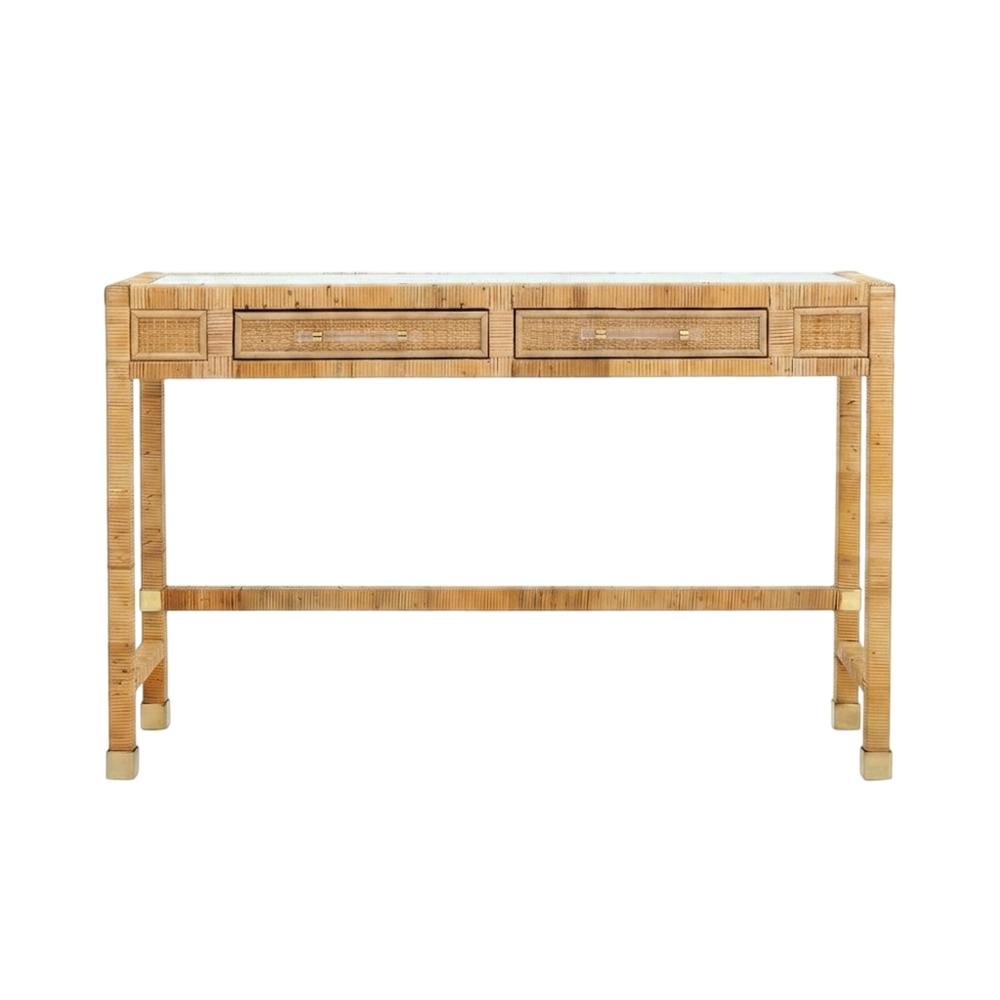 Glass Top Rattan Writing Desk With Drawers And Natural Veneer Wood Base
