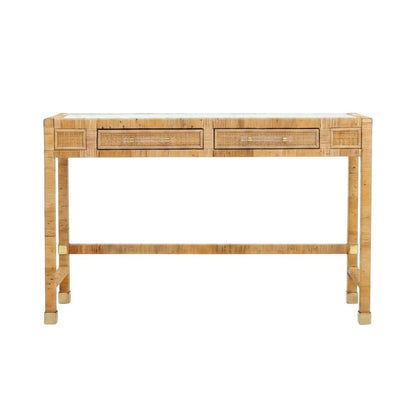 Glass Top Rattan Writing Desk With Drawers And Natural Veneer Wood Base