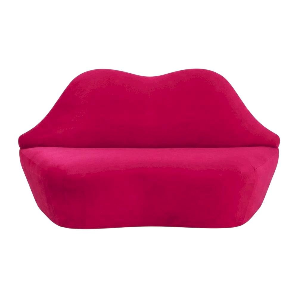 Hot Pink Velvet Loveseat With Sculpted Back, A Unique Lips Sofa Design
