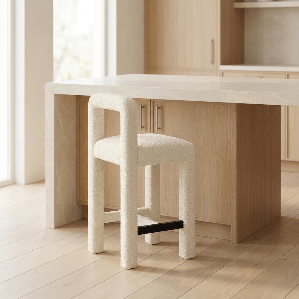 Cream Boucle Counter Stool with Upholstered Seat and Modern Design