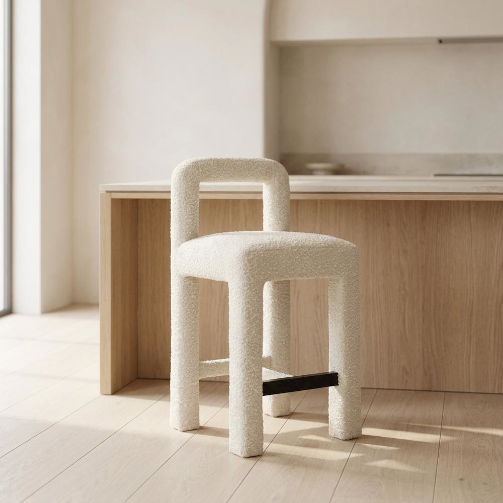 Cream Boucle Counter Stool with Upholstered Seat and Modern Design