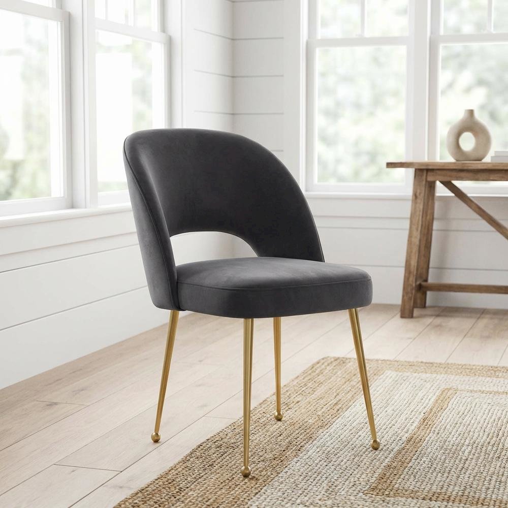 Dark Grey Velvet Dining Chair with Gold Legs and Elegant Design