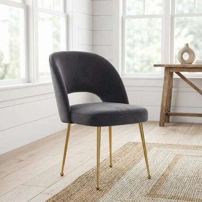 Dark Grey Velvet Dining Chair with Gold Legs and Elegant Design