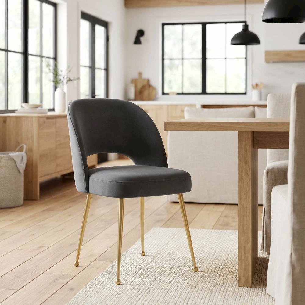 Dark Grey Velvet Dining Chair with Gold Legs and Elegant Design