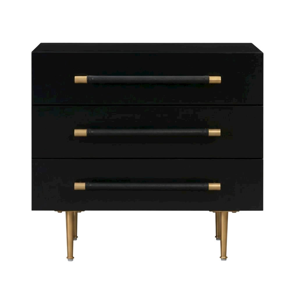 Modern black nightstand with soft-close drawers and gold iron legs