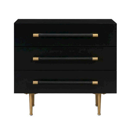 Modern black nightstand with soft-close drawers and gold iron legs