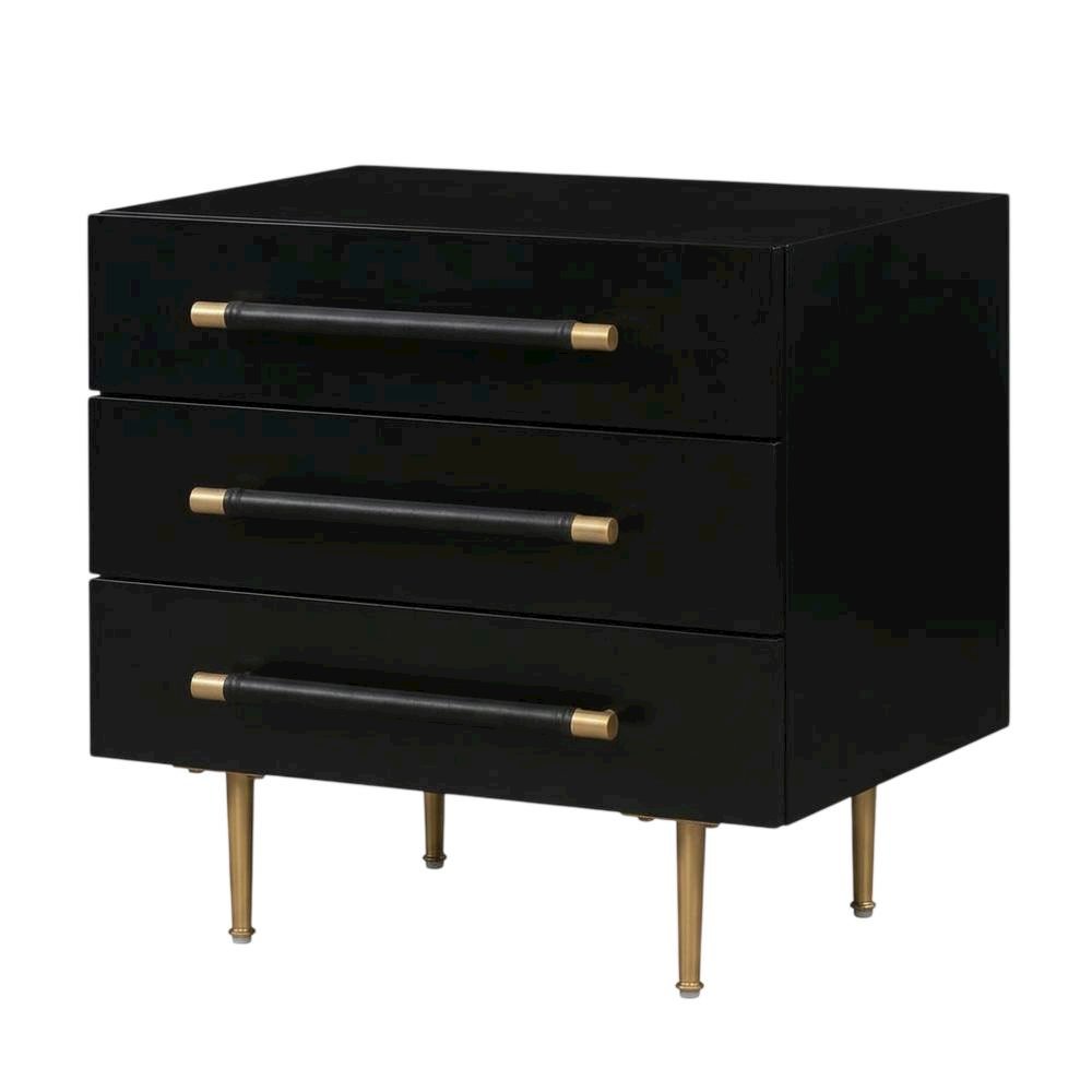 Modern black nightstand with soft-close drawers and gold iron legs