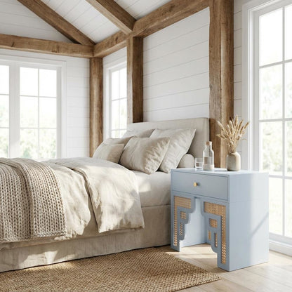 Blue Rattan Nightstand with Soft Close Drawer and Mdf Legs