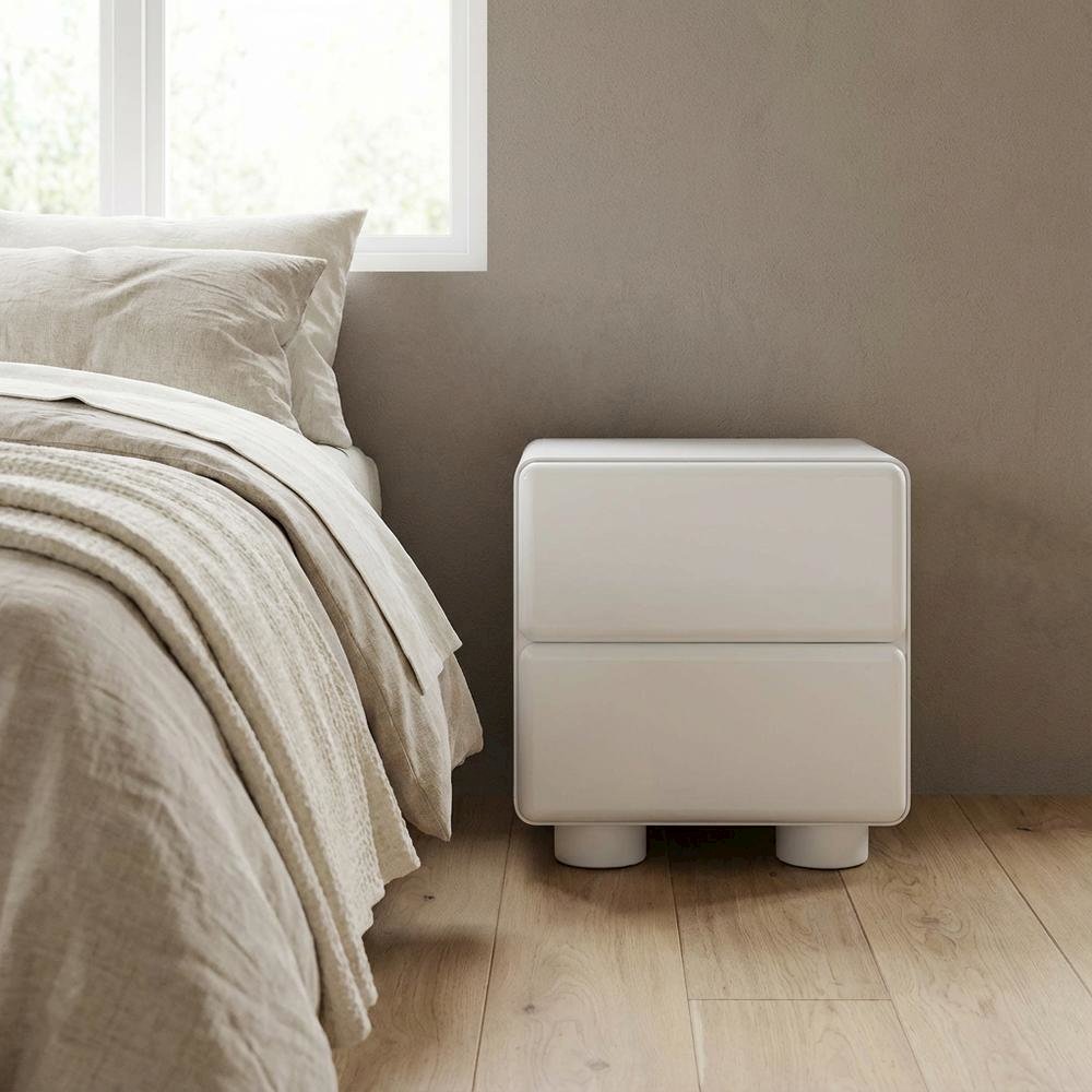 White Nightstand with Rubberwood Legs and Spacious Drawer Storage