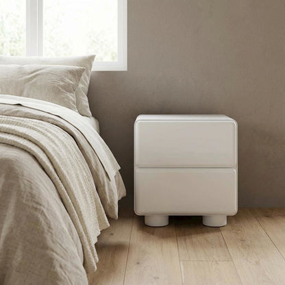 White Nightstand with Rubberwood Legs and Spacious Drawer Storage