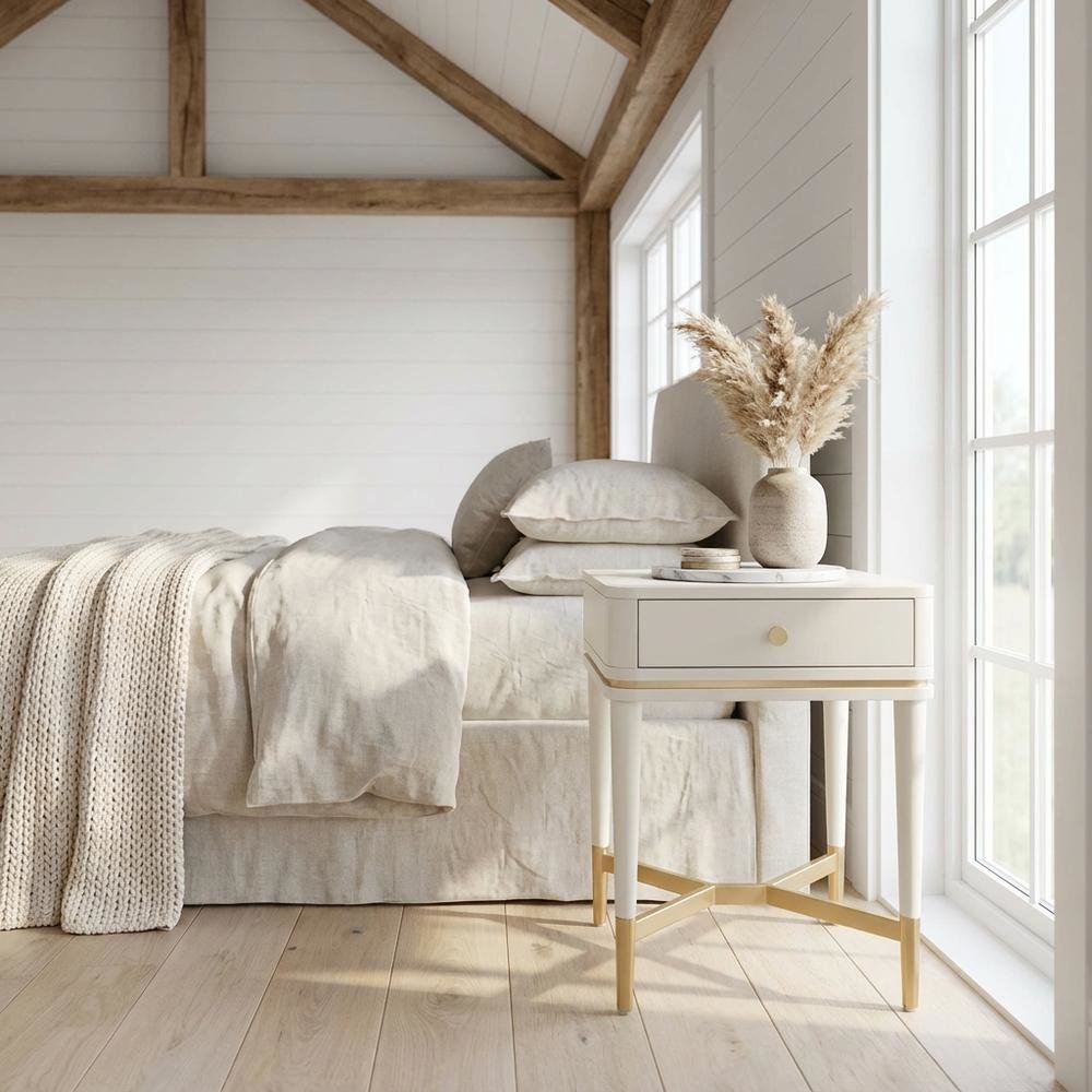 Cream Nightstand with Soft-Close Drawers and Acacia Wood Construction
