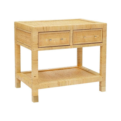 Rattan Nightstand with Mahogany Legs and Storage Compartments