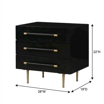 Modern black nightstand with soft-close drawers and gold iron legs