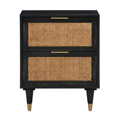 Modern Jungle Nightstand with Black Iron Legs and Soft Close Drawers