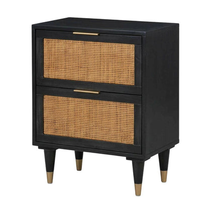 Modern Jungle Nightstand with Black Iron Legs and Soft Close Drawers