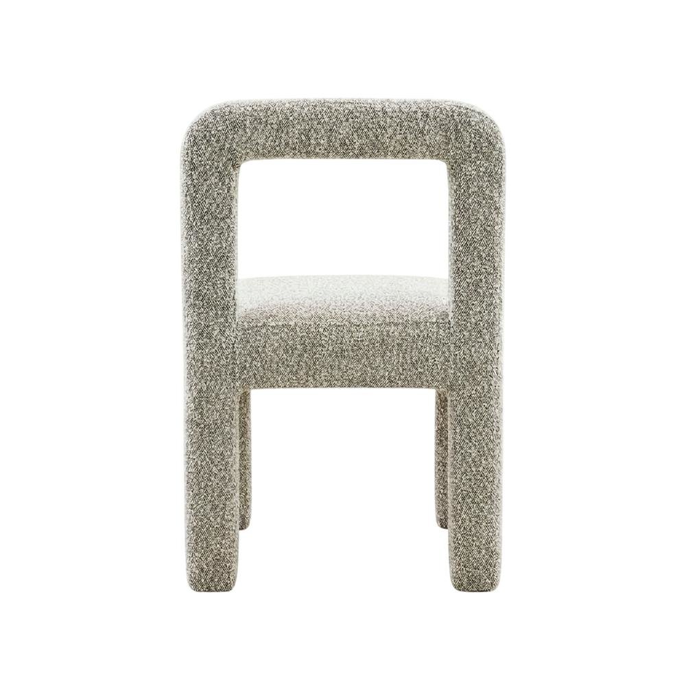 Gray boucle fabric dining chair with fiber-wrapped foam seat and plywood support