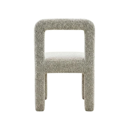 Gray boucle fabric dining chair with fiber-wrapped foam seat and plywood support