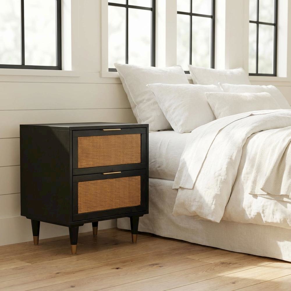 Modern Jungle Nightstand with Black Iron Legs and Soft Close Drawers
