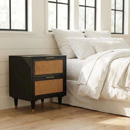 Modern Jungle Nightstand with Black Iron Legs and Soft Close Drawers