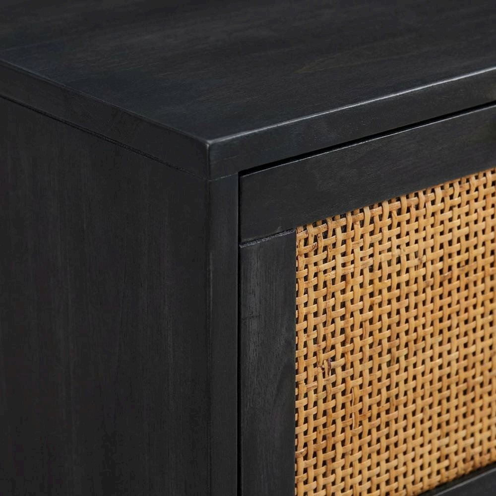 Modern Jungle Nightstand with Black Iron Legs and Soft Close Drawers