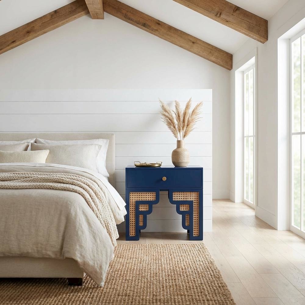 Navy & Rattan Nightstand with Soft-Close Drawers and Elegant Leg Design