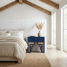 Navy & Rattan Nightstand with Soft-Close Drawers and Elegant Leg Design