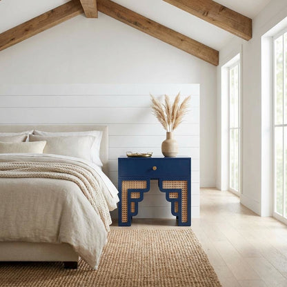 Navy & Rattan Nightstand with Soft-Close Drawers and Elegant Leg Design