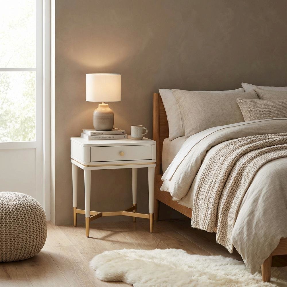 Cream Nightstand with Soft-Close Drawers and Acacia Wood Construction