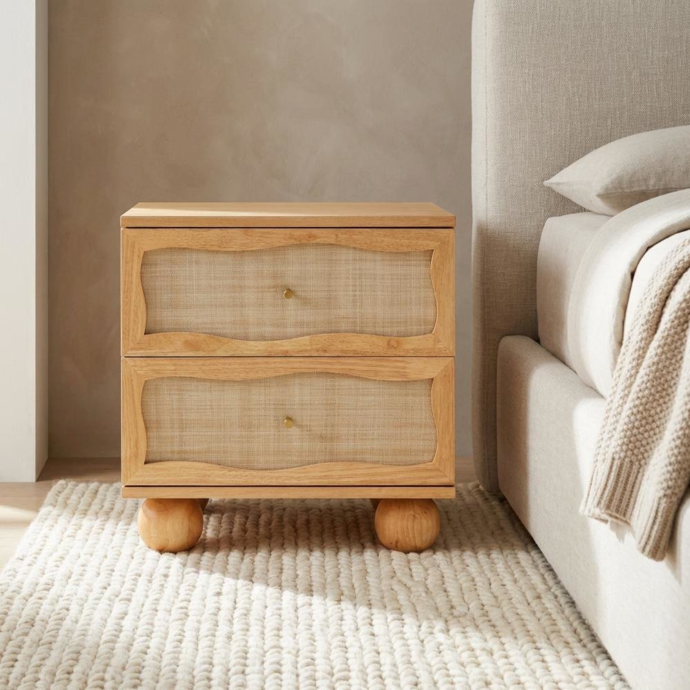 Wood and Rattan Wavy Nightstand with Soft Close Drawers