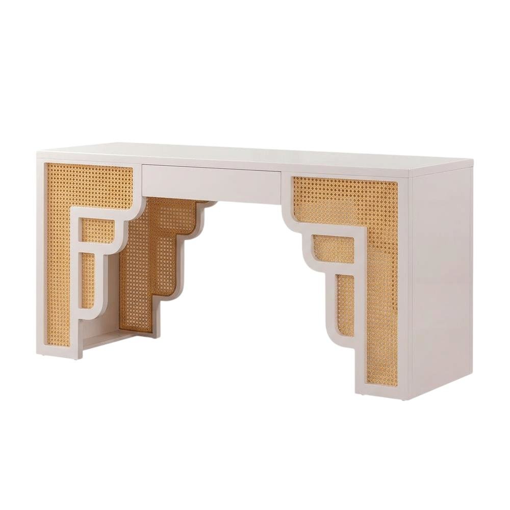 Cream and Rattan Executive Desk with Adjustable Shelf and Soft-Close Drawers