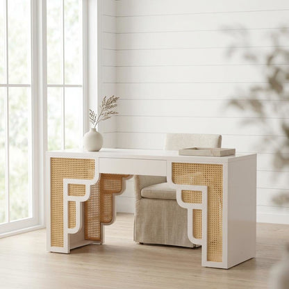 Cream and Rattan Executive Desk with Adjustable Shelf and Soft-Close Drawers