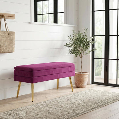Purple Velvet Storage Bench with Gold Legs and Spacious Seating