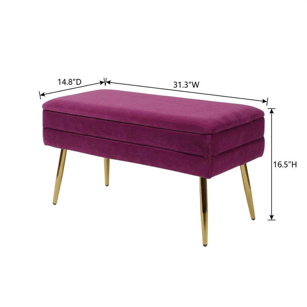 Purple Velvet Storage Bench with Gold Legs and Spacious Seating