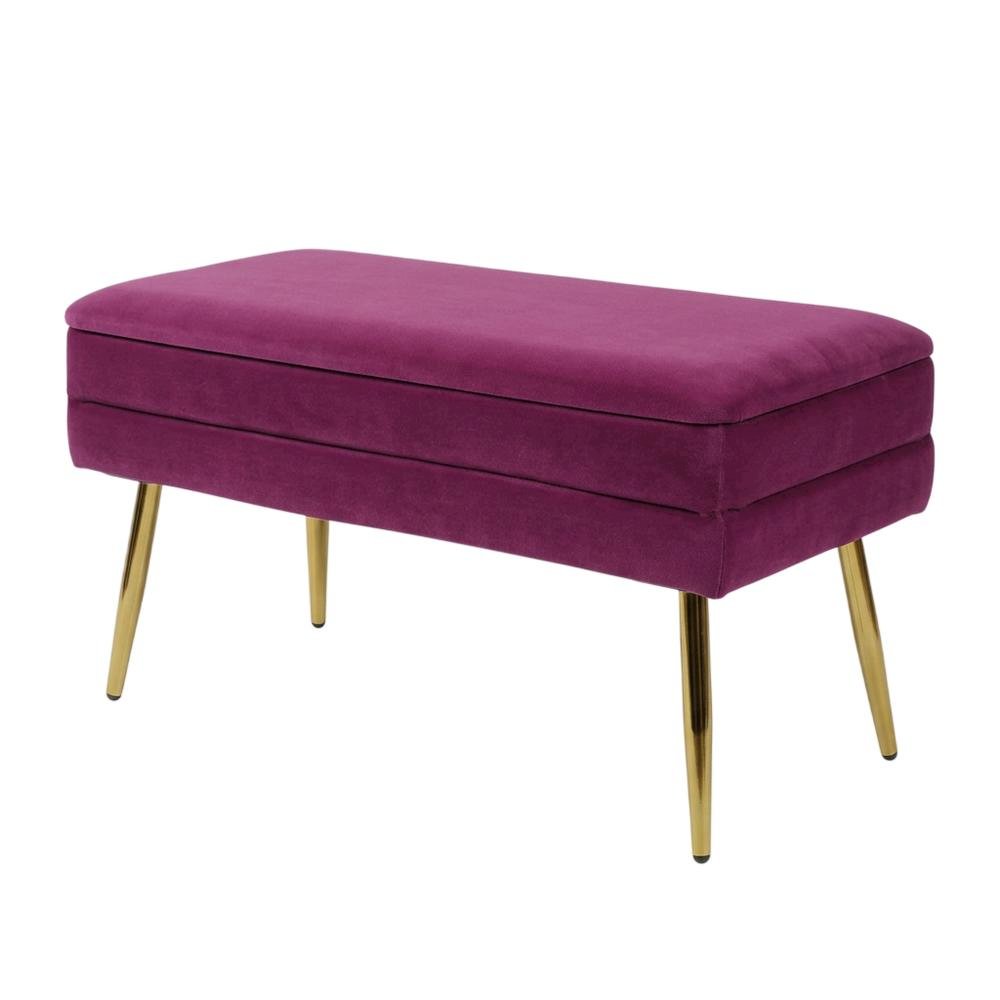 Purple Velvet Storage Bench with Gold Legs and Spacious Seating