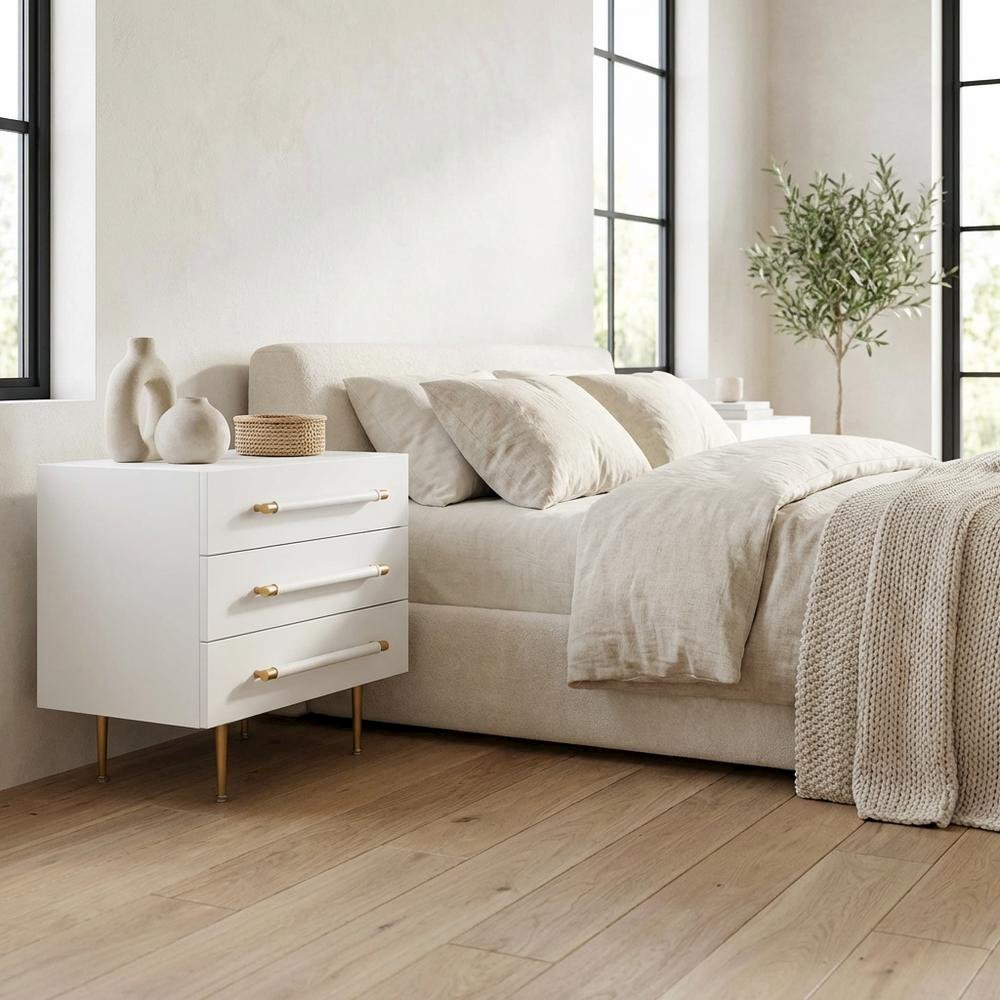Modern Gray Nightstand with Soft Close Drawers and Gold Iron Legs