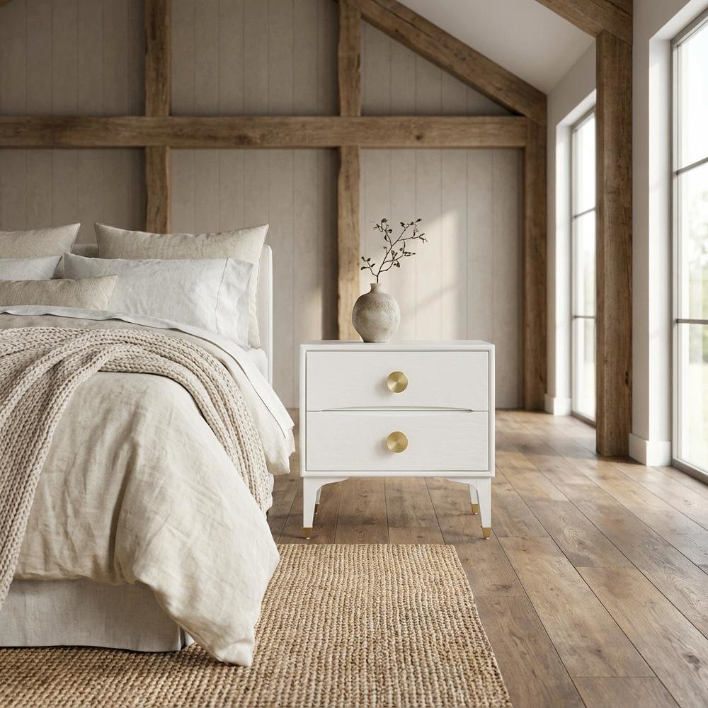White Nightstand with Brass Legs and Spacious Drawer for Bedroom Storage