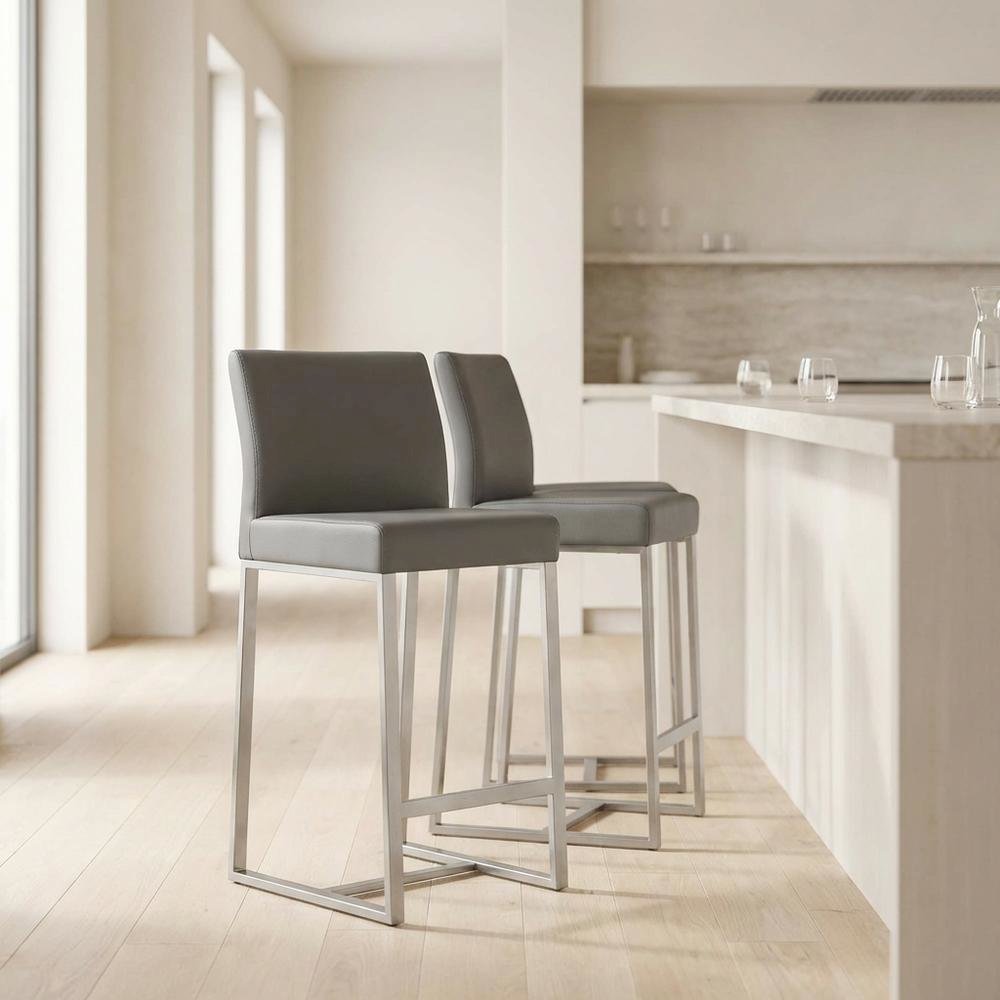 Grey Stainless Steel Counter Stool Set with Fiber-Wrapped Foam Seats