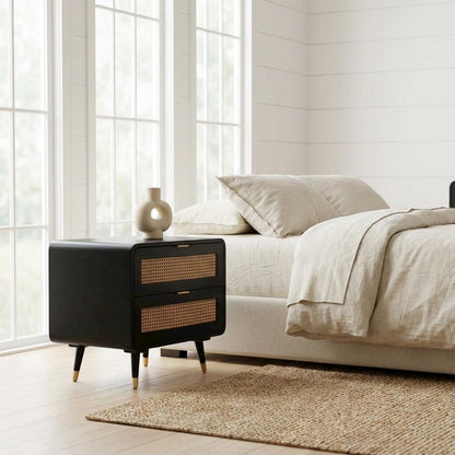 Mid-Century Nightstand with Black Legs and Soft-Close Drawers in Acacia