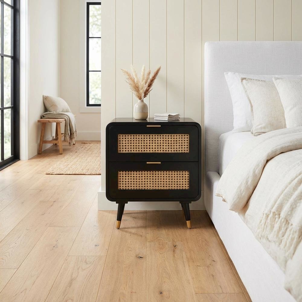 Mid-Century Nightstand with Black Legs and Soft-Close Drawers in Acacia
