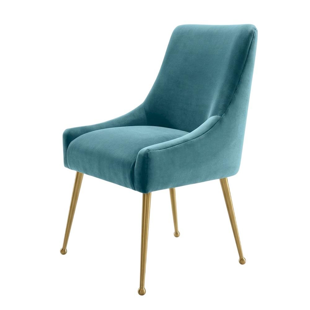 Velvet Side Chair in Sea Blue with Gold-Stainless Steel Legs and Fiber Foam Seat