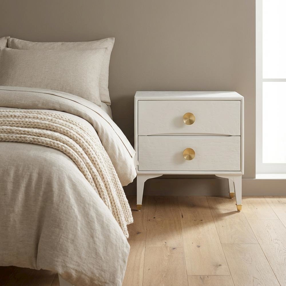 White Nightstand with Brass Legs and Spacious Drawer for Bedroom Storage