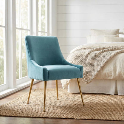 Velvet Side Chair in Sea Blue with Gold-Stainless Steel Legs and Fiber Foam Seat